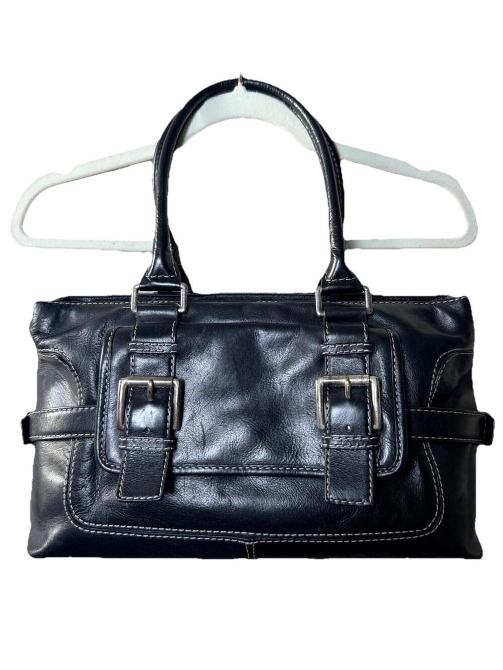 Michael Kors Black Leather Shoulder Bag Tote Handbag Purse Satchel Buckle - Picture 2 of 9